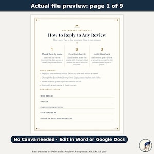May include: A printable restaurant review kit document titled How to Reply to Any Review. It outlines three steps for responding to feedback, lists good habits for management, and provides a template section for reply plans.