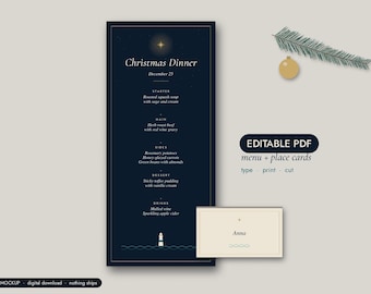 Menu et marque-places pour le dîner de Noël à imprimer, PDF modifiable, ensemble de table bleu marine et or