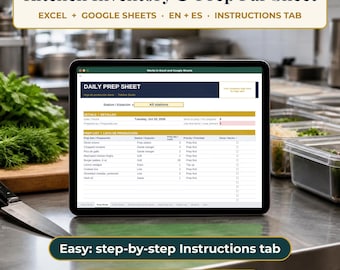 Foglio di calcolo Excel/Google Sheets per l'inventario della cucina, modello per la lista di preparazione e la scheda di disponibilità, modulo d'ordine per ristorante, bilingue inglese-spagnolo