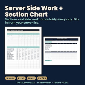 May include: A digital template titled Server Side Work + Section Chart featuring a Weekly Section & Side Work Chart and a Side Work Checklist. The documents include tables for organizing restaurant staff tasks, sections, and daily rotations.