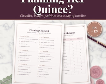 Agenda per Quinceañera stampabile e foglio di calcolo per il budget, lista di controllo per la Quinceañera, elenco dei padrini, agenda per i XV anni in inglese e spagnolo, documento Word modificabile.