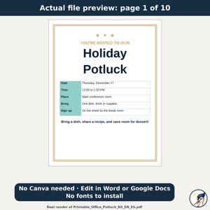 Office Holiday Potluck Sign Up Sheet and Planner, Food Labels, Flyer, Table Sign, Editable Google Sheets Excel Word, Spanish Included