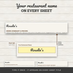 May include: A digital spreadsheet template for restaurant management featuring the text Your restaurant name ON EVERY SHEET, Rosalie's, DRINK SUMMARY & PRICING, and TYPE IT ONCE &middot; IT APPEARS ON EVERY SHEET TITLE with a yellow input box.