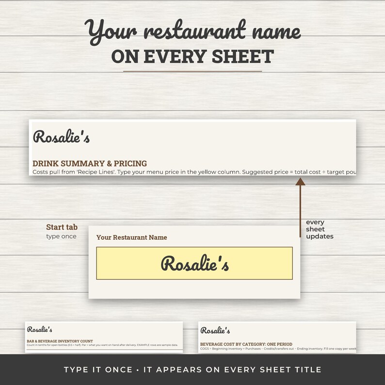 May include: A digital spreadsheet template for restaurant management featuring the text Your restaurant name ON EVERY SHEET, Rosalie's, DRINK SUMMARY & PRICING, and TYPE IT ONCE &middot; IT APPEARS ON EVERY SHEET TITLE with a yellow input box.