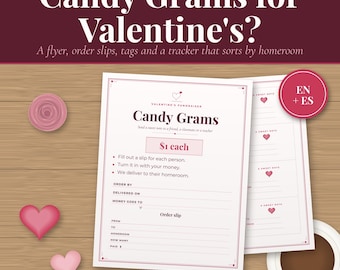 Modello e modulo d'ordine per biglietti di auguri di San Valentino con caramelle, volantino per raccolta fondi scolastica, etichette per biglietti di auguri con caramelle, foglio di calcolo per il monitoraggio dei genitori, documento Word modificabile, spagnolo