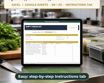 Lista di controllo per apertura e chiusura in formato Excel/Foglio di calcolo Google, modello di procedura operativa standard per attività di supporto in ristorante, firma di fine turno, bilingue inglese-spagnolo