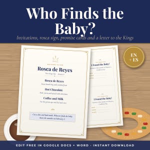 Może przedstawiać: Zestaw drukowanych znaków i kart zatytułowany Who Finds the Baby? dotyczący tradycji Rosca de Reyes, Święta Trzech Króli i Święta Ofiarowania Pańskiego. Dokumenty zawierają pozycje menu, takie jak gorąca czekolada, kawa i mleko.