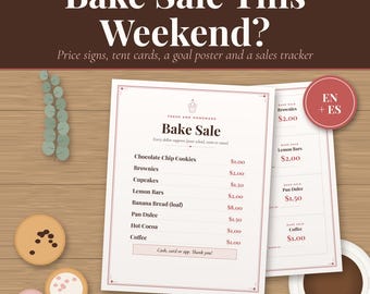 Cartello listino prezzi e segnaposto per la vendita di dolci, modello per la vendita di dolci, poster con gli obiettivi della raccolta fondi, foglio di calcolo per il monitoraggio delle vendite, documento Word modificabile, spagnolo