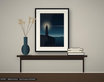 Ensemble de 20 affiches murales imprimables sur le thème côtier sombre, représentant un phare et la lune dans une ambiance marine mystérieuse.