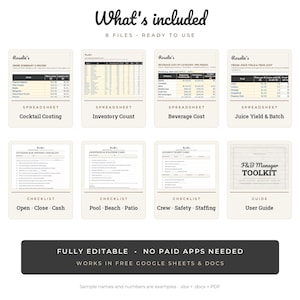 May include: A digital F&B Manager Toolkit containing eight files including spreadsheets for cocktail costing, inventory counts, beverage costs, and juice yields, plus checklists for opening, closing, weather, and safety, with a user guide.