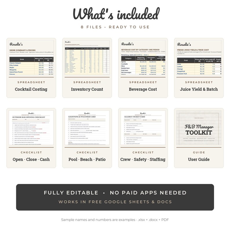 May include: A digital F&B Manager Toolkit containing eight files including spreadsheets for cocktail costing, inventory counts, beverage costs, and juice yields, plus checklists for opening, closing, weather, and safety, with a user guide.