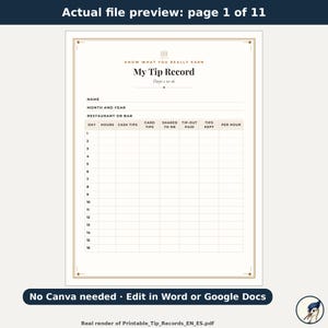 Puede incluir: Un documento imprimible de registro de propinas con una tabla que incluye columnas para día, horas, propinas en efectivo, con tarjeta, compartidas, pagadas, conservadas y por hora. El encabezado dice Know What You Really Earn, My Tip Record, Days 1 to 16.