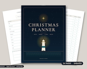 Agenda de Noël à imprimer, suivi des cadeaux et budget des fêtes, 24 pages, motif bord de mer bleu marine
