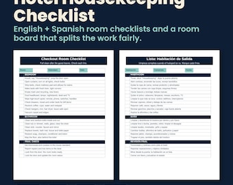 May include: A digital Hotel Housekeeping Checklist document featuring two side-by-side tables for room cleaning tasks. The left table is in English and the right table is in Spanish, both organised by bedroom, bathroom, and final check sections.