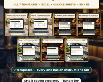 Pacchetto di fogli di calcolo Excel/Google Sheets per ristoranti, 7 modelli: BEO, preventivo catering, costo primario, inventario bar e cucina, SOP