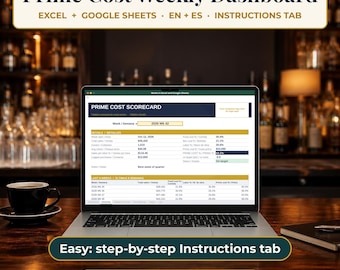 Cruscotto dei costi principali in Excel/Foglio di calcolo Google, Monitoraggio dei costi di cibo e manodopera per ristoranti, KPI settimanali, Bilingue inglese-spagnolo