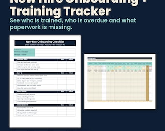 May include: A digital New Hire Onboarding + Training Tracker template featuring a checklist for employee tasks and a training matrix. The document includes sections for Before Day 1, Day 1, First Week, and First 30 Days, with columns for dates and initials.