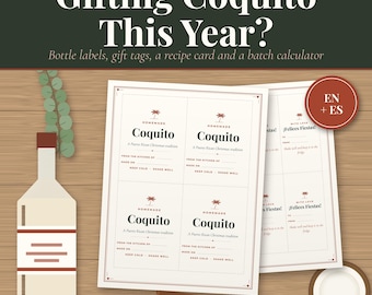 Etichette per Coquito stampabili e cartellini regalo, modello di etichetta per bottiglia di Coquito, scheda ricetta, calcolatore di lotti, Word modificabile, spagnolo inglese