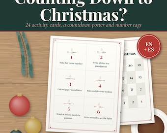 Schede attività per il conto alla rovescia di Natale, calendario dell'Avvento stampabile per bambini, 24 attività per la famiglia e poster del conto alla rovescia, modificabile, spagnolo e inglese