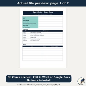 Banquet Event Order Template, Word & Google Docs, BEO Form for Catering and Venues, Event Order Spreadsheet with Totals