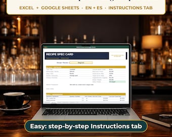 Foglio di calcolo Excel/Google Sheets per il calcolo dei costi dei cocktail, calcolatore dei costi delle ricette, manuale delle specifiche del bar e prezzi del menu, bilingue inglese-spagnolo