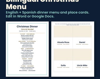May include: A bilingual Christmas dinner menu and place card template featuring English and Spanish text. The menu lists courses from appetizers to dessert, while the place cards include names like Abuela Rosa, Daniel, Sofía, and Uncle Mike.