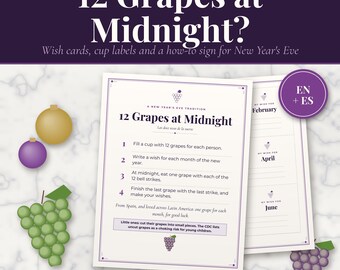 12 biglietti di auguri e biglietti d'auguri di Capodanno con uva, insegna Uvas de la Suerte, etichette per bicchieri d'uva, tradizione di Capodanno, spagnolo e inglese, modificabile