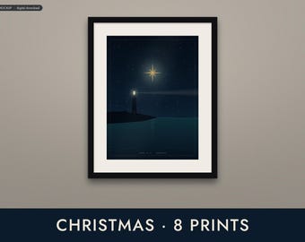 Décoration murale imprimable de Noël sur le thème côtier sombre : 8 impressions d'un phare bleu marine et de la lune d'hiver