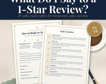 Modelli di risposta alle recensioni dei ristoranti, 20 script di risposta per recensioni positive e negative, strumento di monitoraggio delle recensioni, fogli di calcolo modificabili in Word e Google Docs, in spagnolo