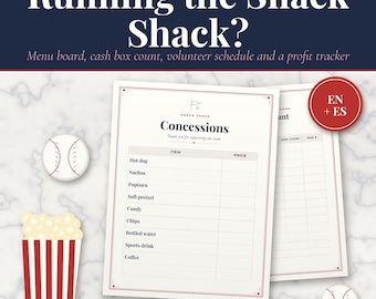 Menù del chiosco delle concessioni e foglio di conteggio degli incassi, listino prezzi del chiosco degli snack, programma dei volontari, strumento di monitoraggio dei profitti degli sport giovanili, spagnolo