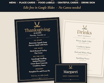 Kit d'accueil pour Thanksgiving, sans Canva, menus et marque-places modifiables, étiquettes pour les plats, panneau pour les boissons