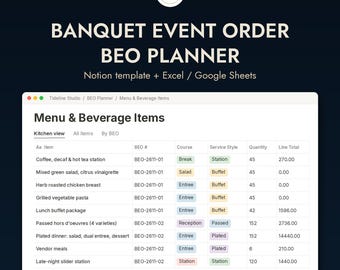 Modello di organizzazione BEO, modulo d'ordine per eventi e banchetti, pianificatore di catering e location per eventi, banchetti in hotel, foglio di calcolo Excel e Google Sheets