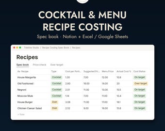 Modello per il calcolo dei costi delle ricette, manuale per la determinazione dei costi dei cocktail, prezzi del menu, foglio di calcolo dei costi degli alimenti, fogli Excel per i costi delle bevande al bar.