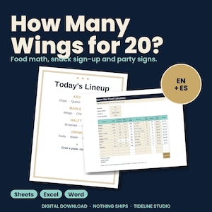 Könnte beinhalten: Ein digitales Party-Planungs-Set mit einem Schild namens Today's Lineup und einer Game Day Food Calculator Tabelle. Der Text How Many Wings for 20? Food math, snack sign-up and party signs ist zu sehen. Enthält die Bezeichnungen Sheets, Excel und Word.