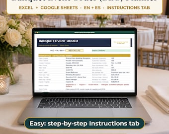 Foglio di calcolo BEO Planner in Excel/Google Sheets, modello per ordini di eventi e banchetti, pianificatore di eventi di catering, bilingue inglese-spagnolo