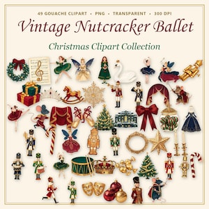 Peut inclure: Une collection numérique de 49 illustrations clipart à la gouache intitulée Vintage Nutcracker Ballet Christmas Clipart Collection. L'ensemble comprend des casse-noisettes, des ballerines, des souris, des sapins, des cadeaux et des éléments musicaux.