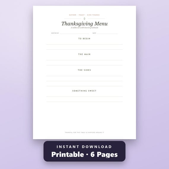 Thanksgiving Menu Printable, Fillable Place Card Set, Dinner Menu, Name Cards, Food Labels, US Letter, A4, Instant Download