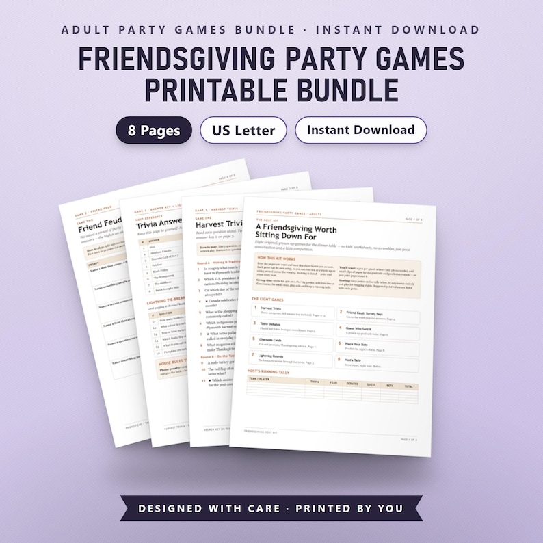 Friendsgiving Party Games, Fillable Adult Thanksgiving Games, 8 Host Games, Trivia Friend Feud Charades, US Letter, A4, Printable PDF