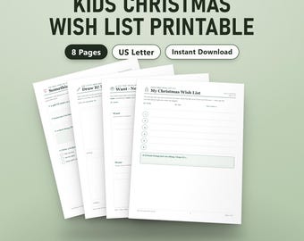 Printbare kerstwensenlijst voor kinderen, invulbare 'Lieve Kerstman'-briefset, lijst met wat je wilt, nodig hebt, draagt ​​of leest, tekenpagina, US Letter, A4, direct te downloaden