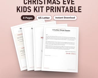 Printbaar kerstavondpakket voor kinderen, invulbare kerstmanbrief, certificaat voor de lijst met brave kinderen, magische sleutel, labels voor rendiervoer, US Letter, A4, direct te gebruiken