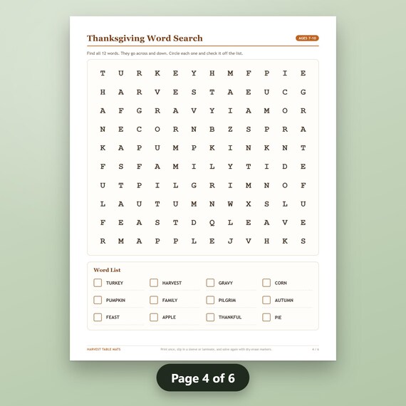 Thanksgiving Activity Placemat Printable Bundle, Fillable Kids Placemats, 6 Activity Mats, US Letter, A4, Instant Download, image 8