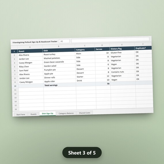 Thanksgiving Potluck Spreadsheet, Friendsgiving Dish Sign Up & Headcount Tracker, Cost Split, Excel, Google Sheets, Instant Download, image 6