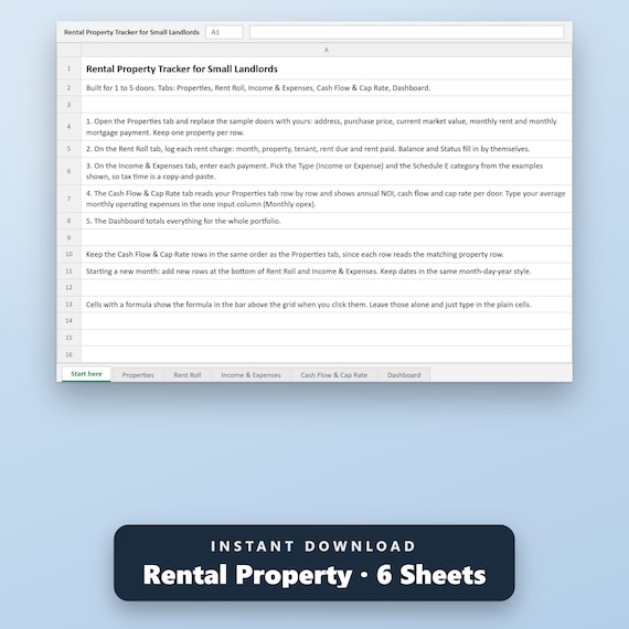 Rental Property Spreadsheet, Small Landlord Income Expense Tracker, Rent Roll, Schedule E, Cash Flow, Cap Rate, Excel, Google Sheets