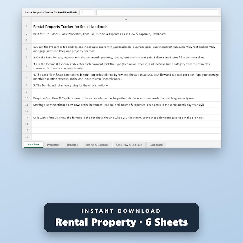Rental Property Spreadsheet, Small Landlord Income Expense Tracker, Rent Roll, Schedule E, Cash Flow, Cap Rate, Excel, Google Sheets