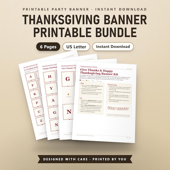 Thanksgiving Banner Printable, Fillable Give Thanks & Happy Thanksgiving Bunting, A-Z Letters, DIY Pennants, US Letter, A4, Instant Download