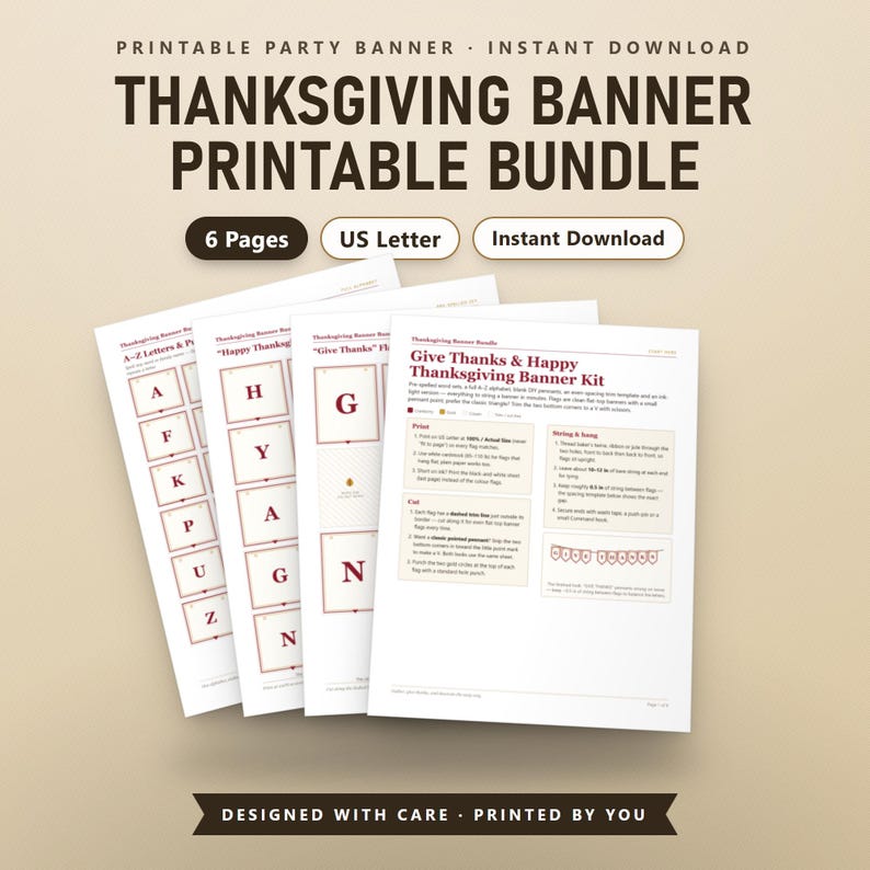Thanksgiving Banner Printable, Fillable Give Thanks & Happy Thanksgiving Bunting, A-Z Letters, DIY Pennants, US Letter, A4, Instant Download