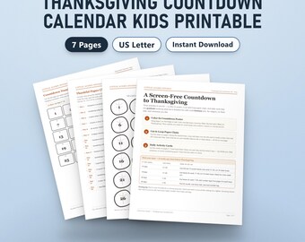 Aftelkalender voor Thanksgiving voor kinderen (printbaar), invulbare activiteitenkaarten over dankbaarheid en vriendelijkheid, kleurposter en papieren slinger (US Letter).