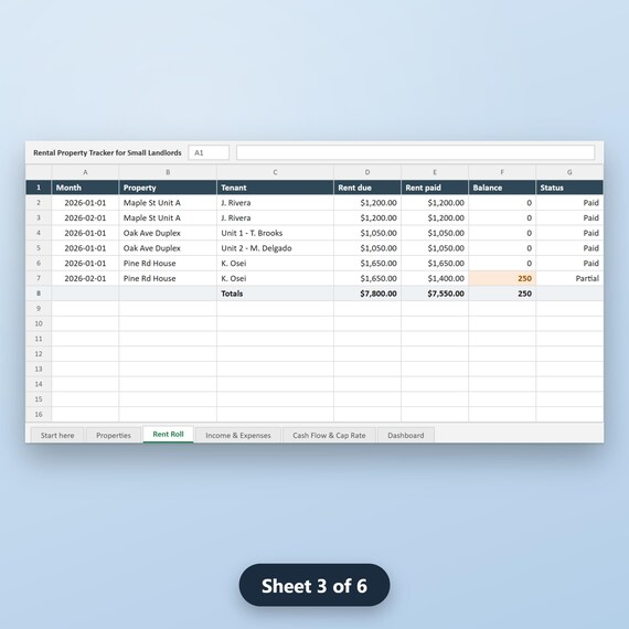 Rental Property Spreadsheet, Small Landlord Income Expense Tracker, Rent Roll, Schedule E, Cash Flow, Cap Rate, Excel, Google Sheets, image 7