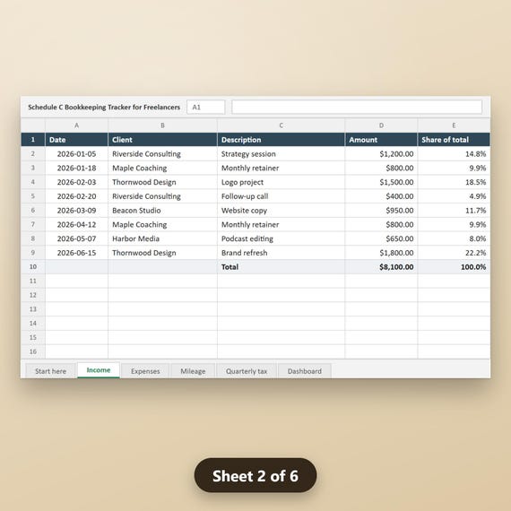 Small Business Bookkeeping Spreadsheet, Schedule C Expense Tracker, Freelancer Bookkeeping, Excel, Google Sheets, Instant Download, image 6