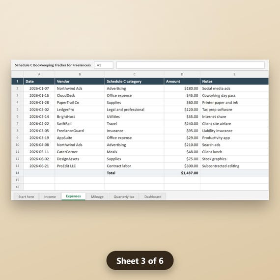 Small Business Bookkeeping Spreadsheet, Schedule C Expense Tracker, Freelancer Bookkeeping, Excel, Google Sheets, Instant Download, image 7